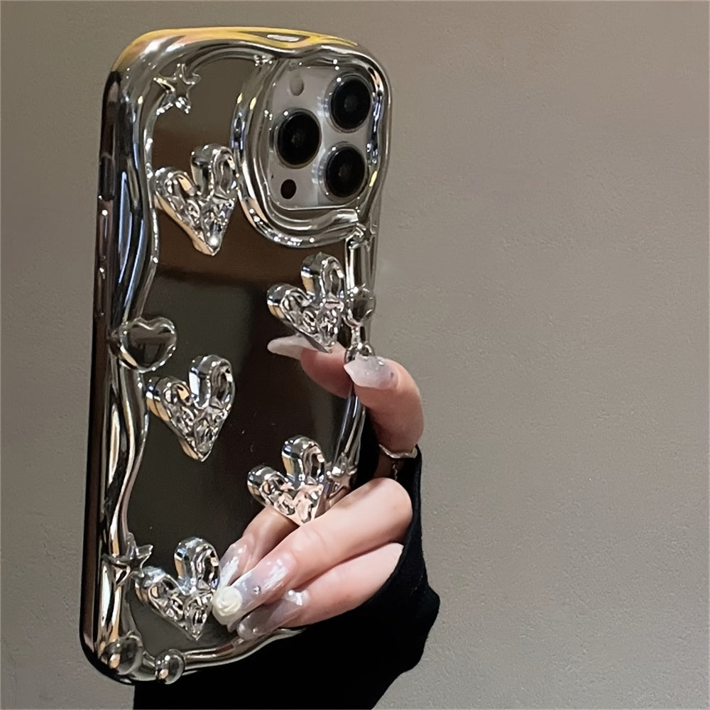 Luxury Plating 3D Slivery Love Heart Star Wave Border Cute Soft Phone Case For IPhone 15 Pro Max 14 Pro Max 13 Pro Max 12 Pro Max 11 15 14 13 12 Shockproof Cover