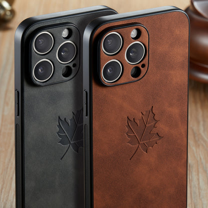 Suitable for Iphone 16/15/14/13/12/11 Pro/Promax/Plus Ultra-Thin Luxury Retro Leatherette Mobile Phone Case Lambskin Maple Leaf Pattern Camera Lens Full Protective Case Skin-Feel Non-Slip And Anti-Fall Simple Personality Busi