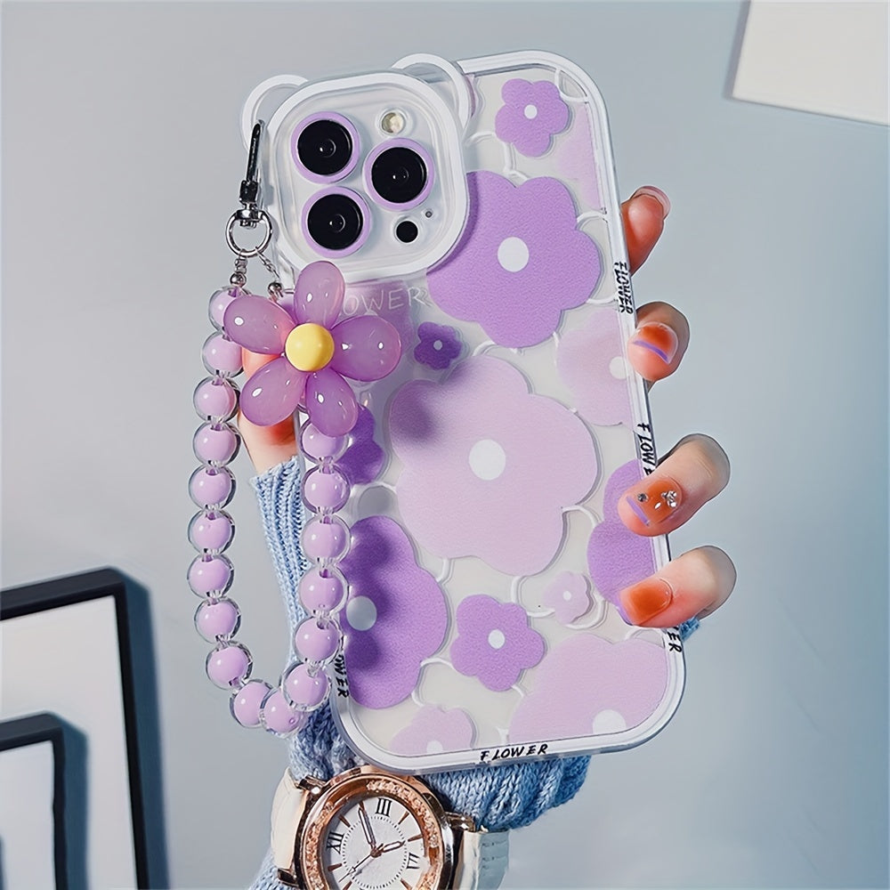 Luxury Cute Transparent Purple Bear Ear Egg Flower Soft Phone Case For iPhone 11 14 Pro Max 12 Pro 13 11 Pro Max 7 8 Plus Clear Cover With Flower Chain Lanyard