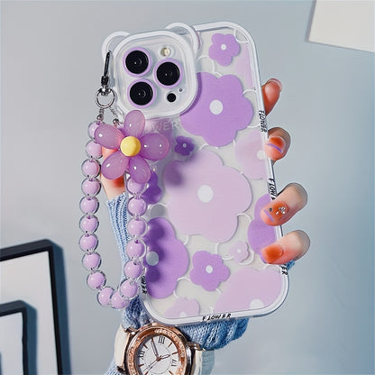 Luxury Cute Transparent Purple Bear Ear Egg Flower Soft Phone Case For iPhone 11 14 Pro Max 12 Pro 13 11 Pro Max 7 8 Plus Clear Cover With Flower Chain Lanyard