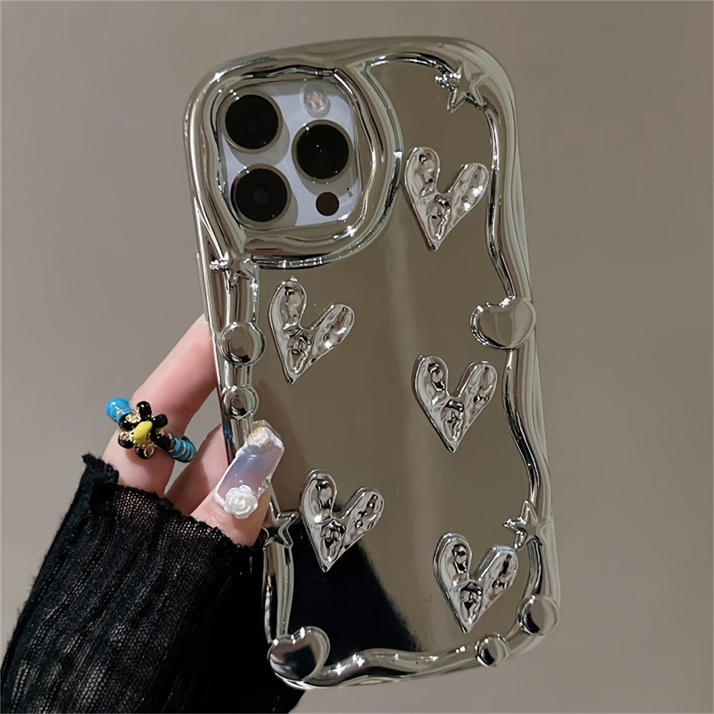 Luxury Plating 3D Slivery Love Heart Star Wave Border Cute Soft Phone Case For IPhone 15 Pro Max 14 Pro Max 13 Pro Max 12 Pro Max 11 15 14 13 12 Shockproof Cover