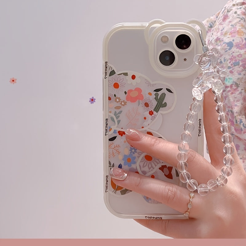 Cute Cartoon Bear & Flower Pattern Phone Case with Bead Bracelet for iPhone 13/11/14 Pro Max/12 XR/XS/7/8 Plus SE 2020/2022 SE/Mini 2022