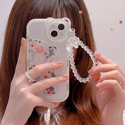 Cute Cartoon Bear & Flower Pattern Phone Case with Bead Bracelet for iPhone 13/11/14 Pro Max/12 XR/XS/7/8 Plus SE 2020/2022 SE/Mini 2022